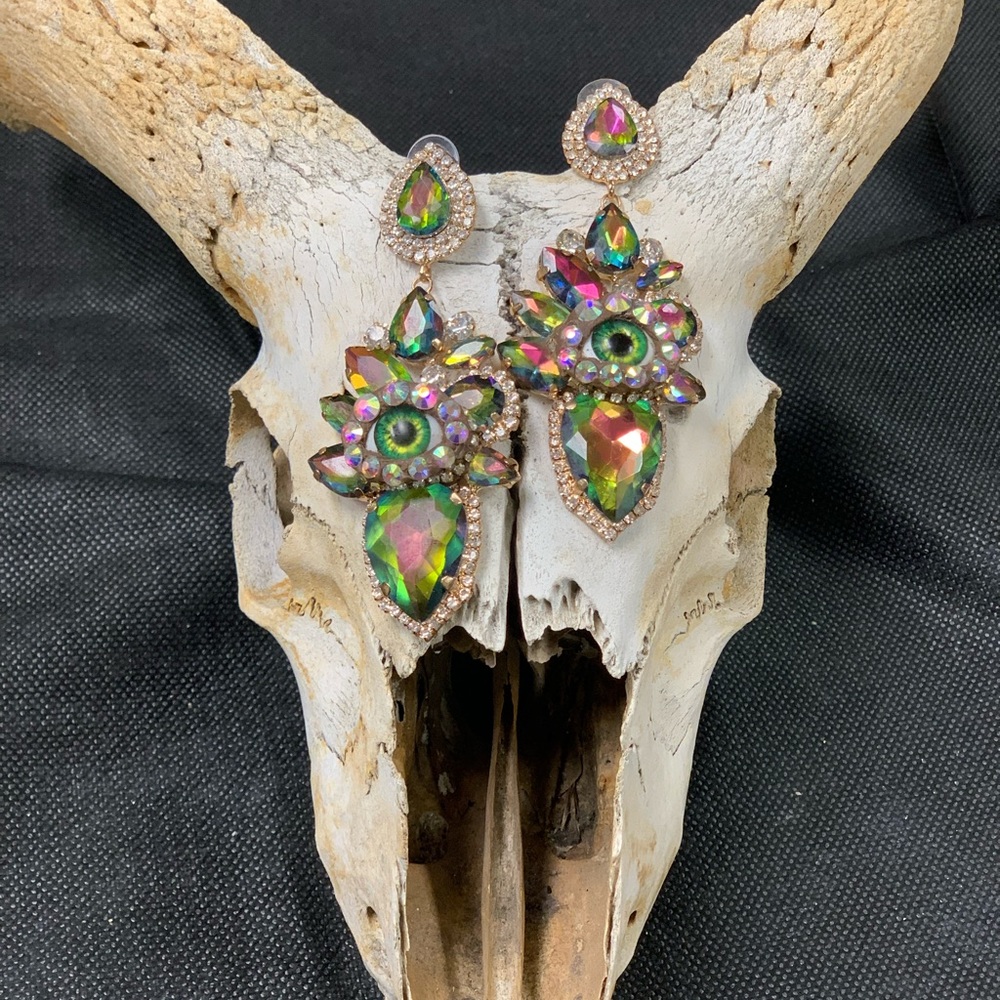 Handmade Evil Eye iridescent Rhinestone earrings